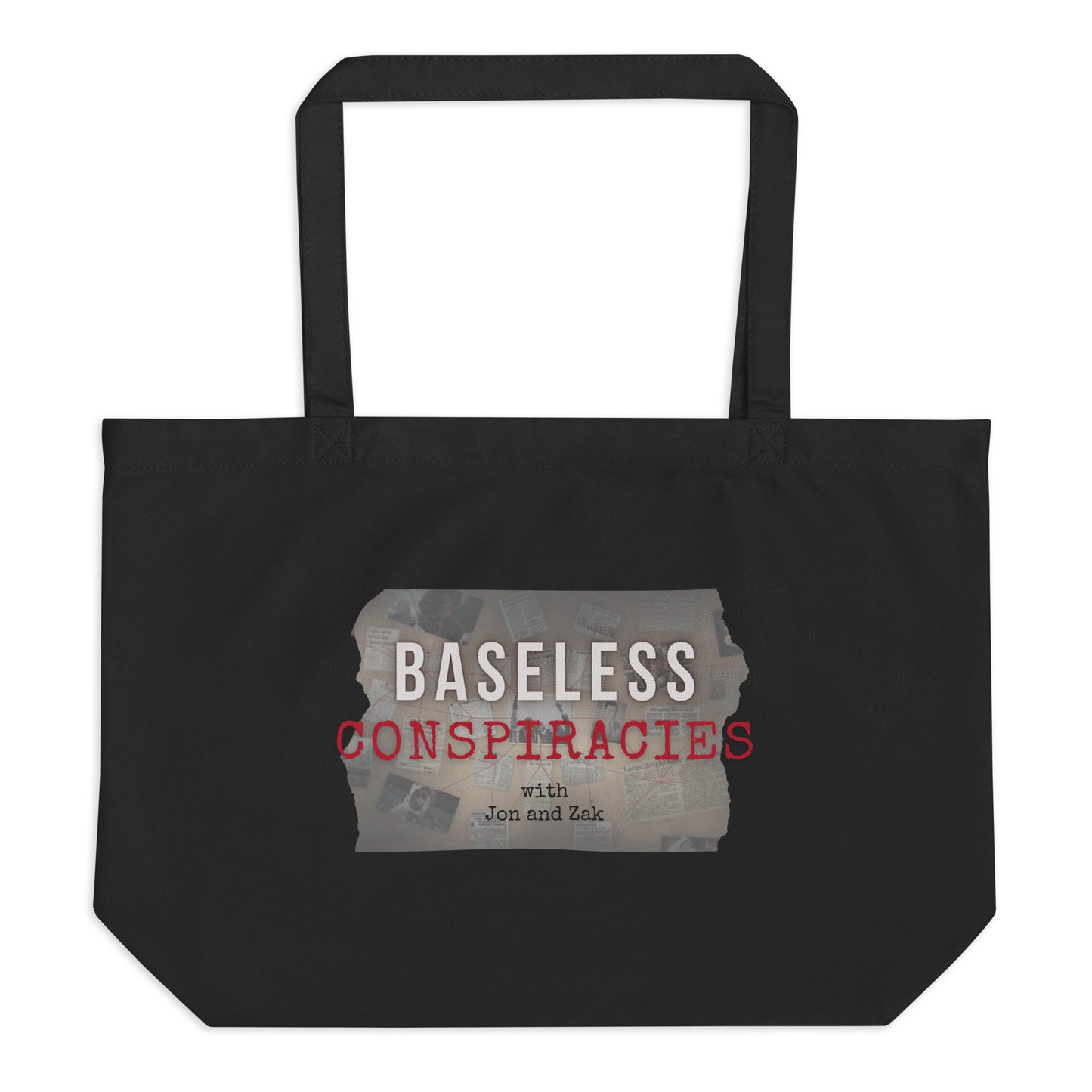 Baseless Conspiracies Large organic tote bag (black)