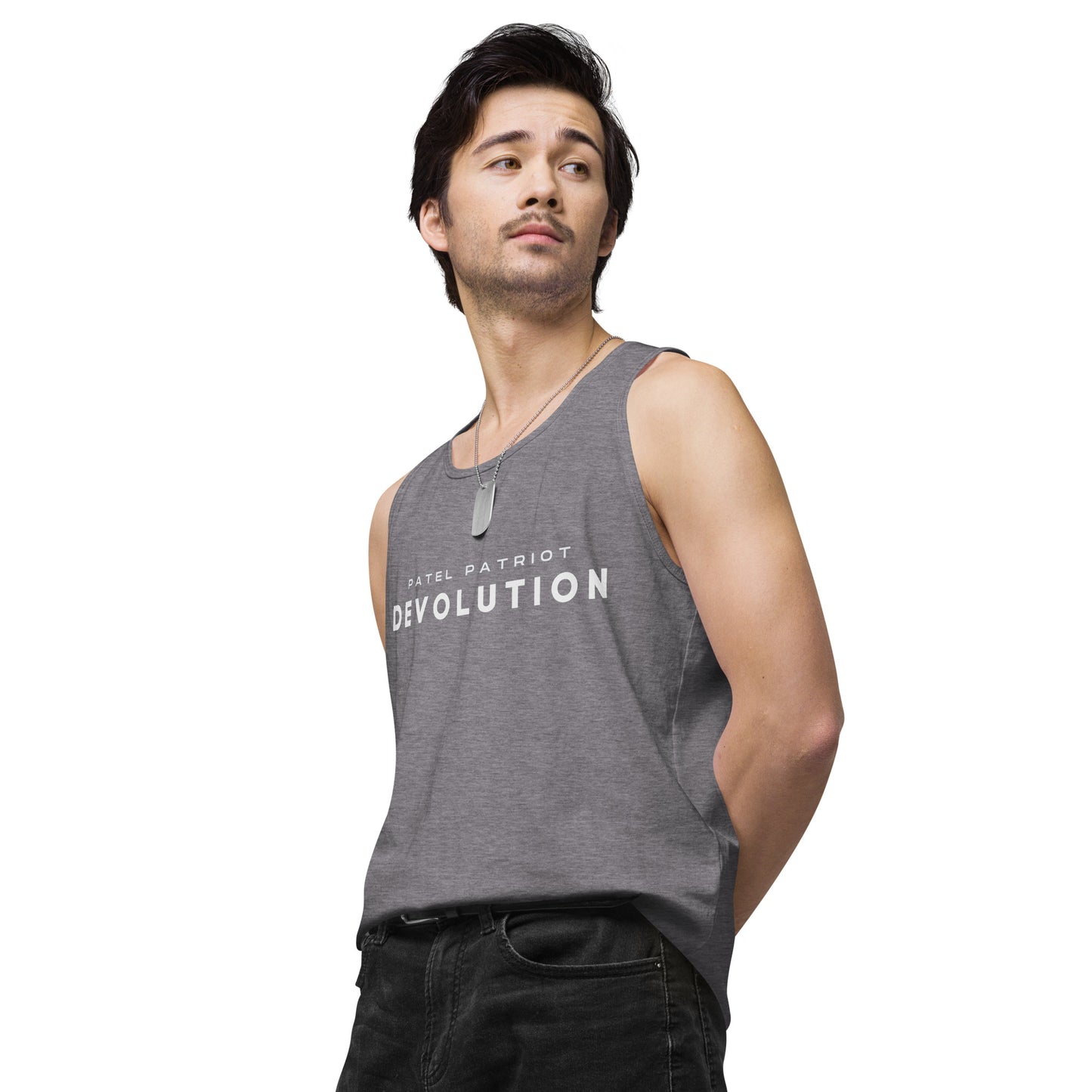 Devolution Men’s premium tank top (white logo)