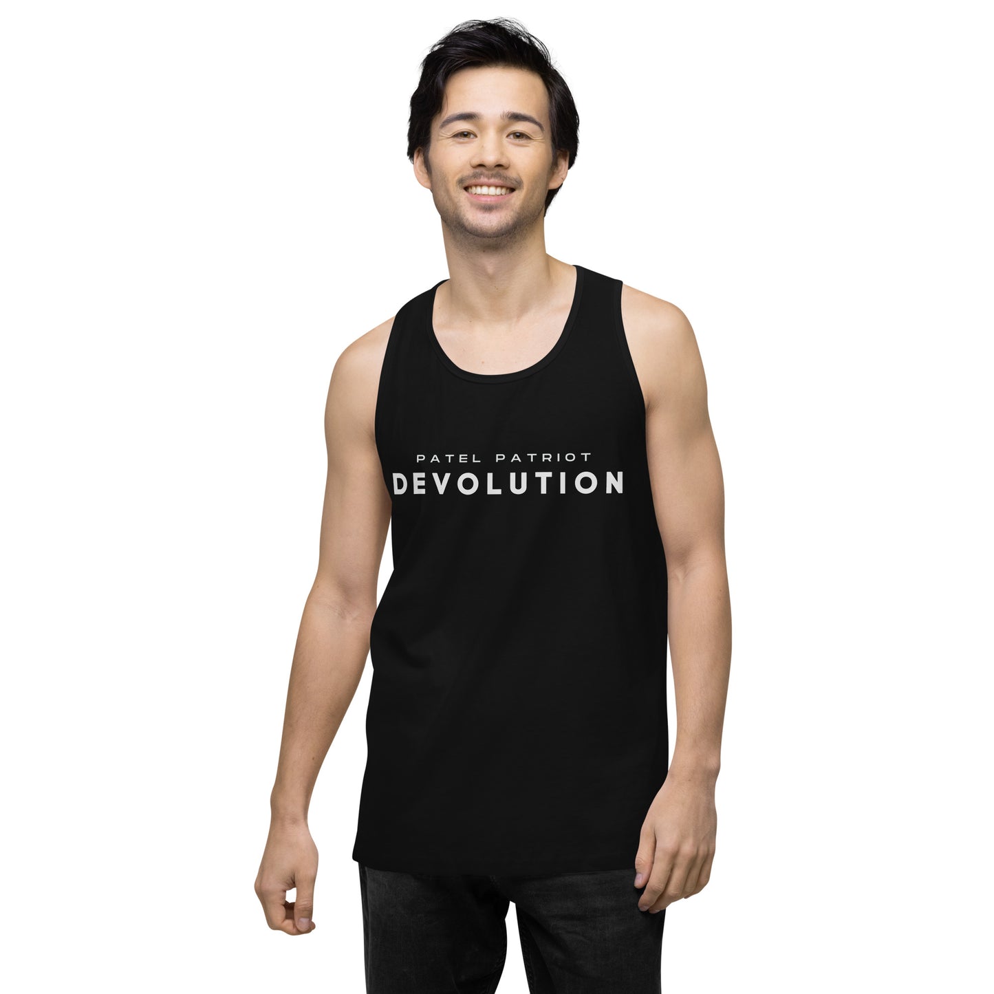 Devolution Men’s premium tank top (white logo)