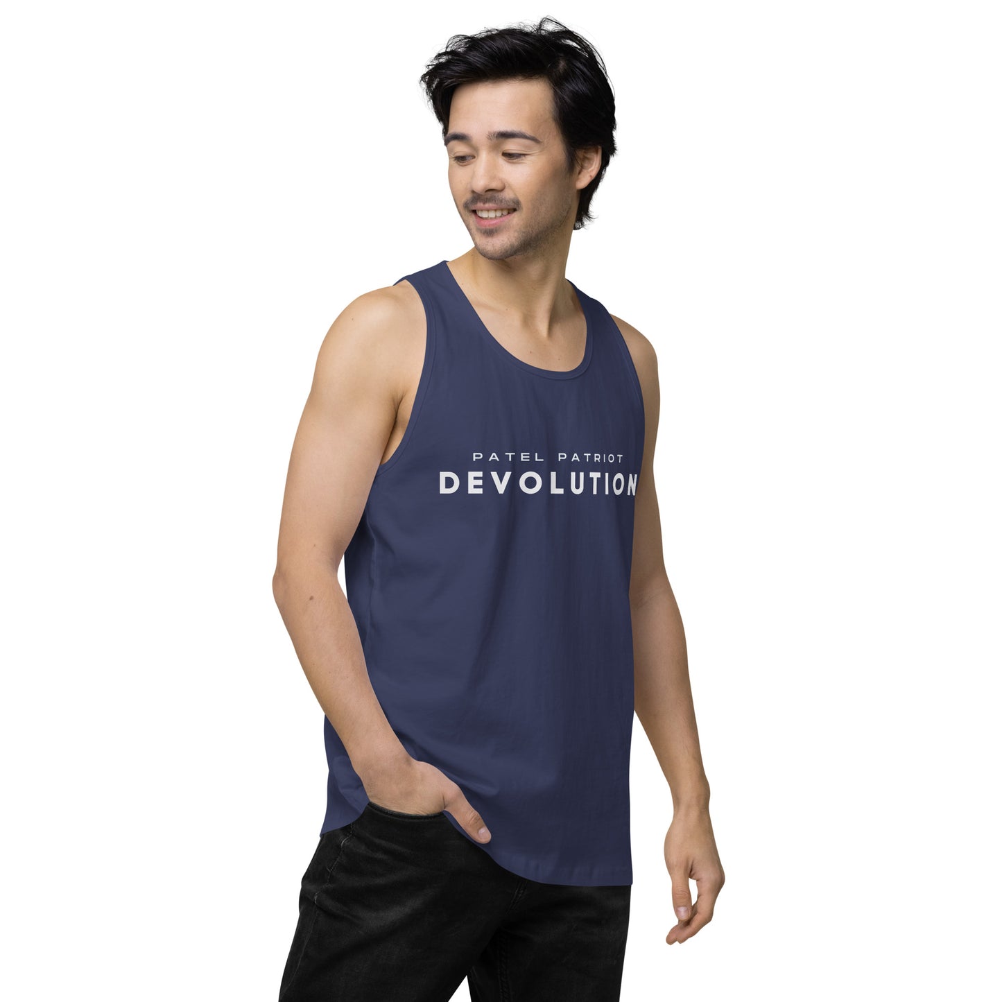 Devolution Men’s premium tank top (white logo)