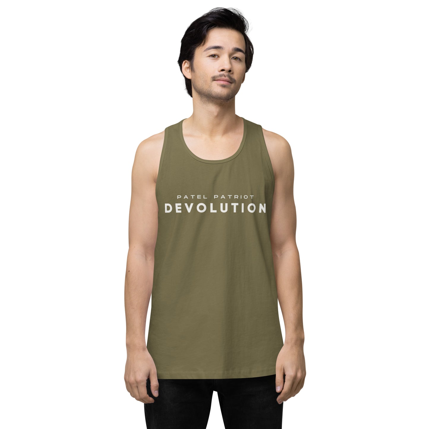 Devolution Men’s premium tank top (white logo)