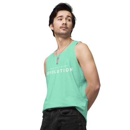 Devolution Men’s premium tank top (white logo)