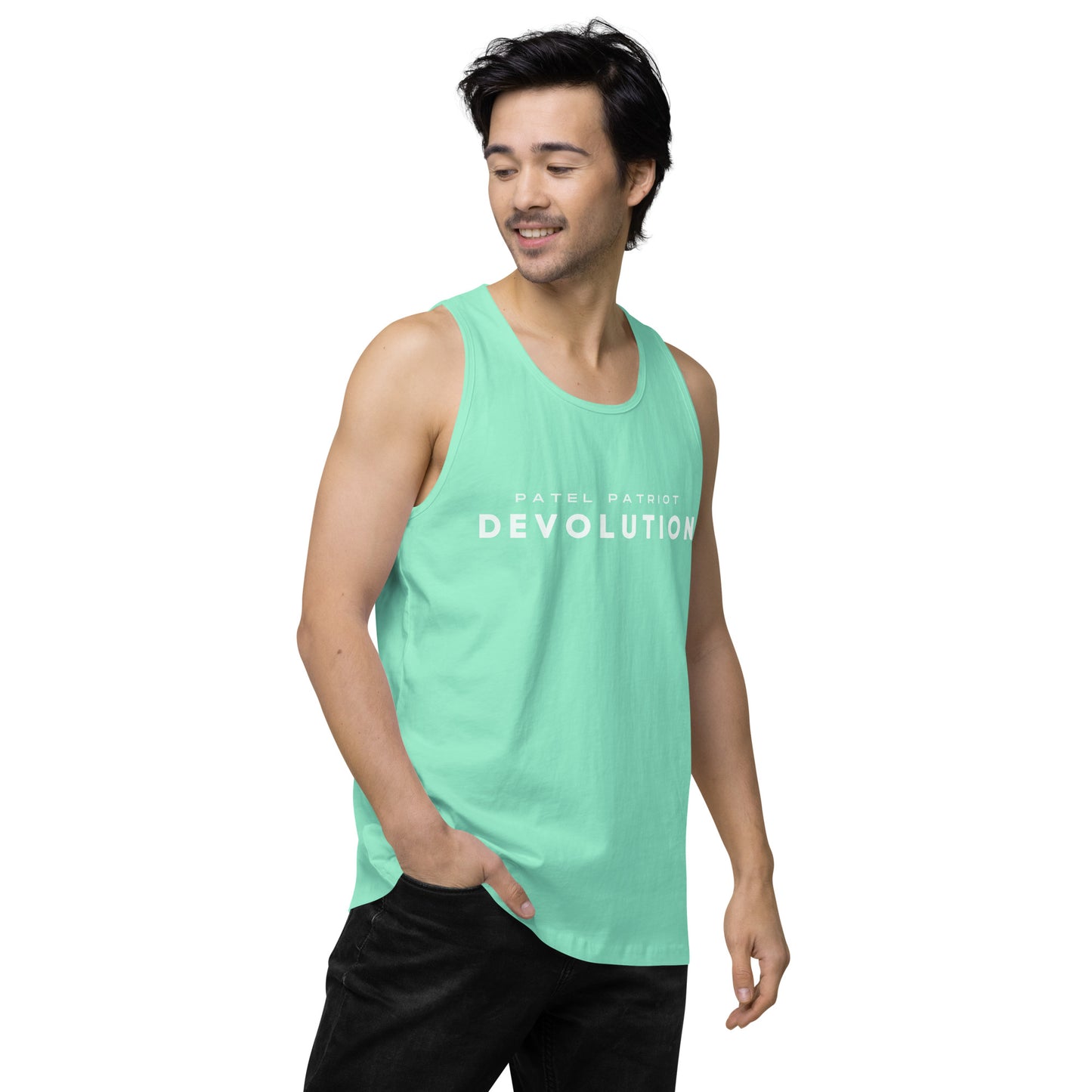 Devolution Men’s premium tank top (white logo)