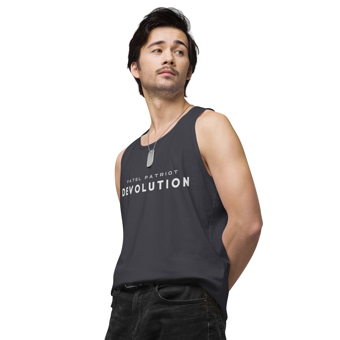 Devolution Men’s premium tank top (white logo)