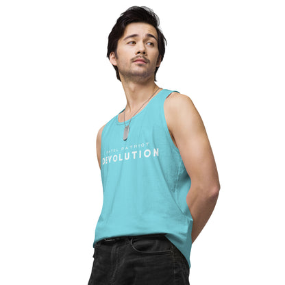 Devolution Men’s premium tank top (white logo)