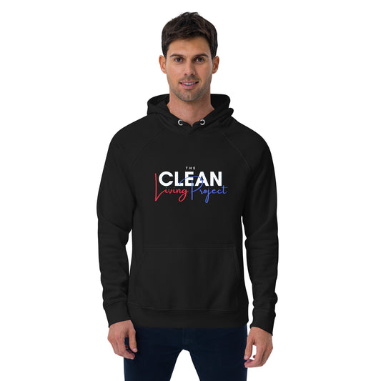 The Clean Living Project Unisex Eco Raglan Hoodie (red, white and blue logo)