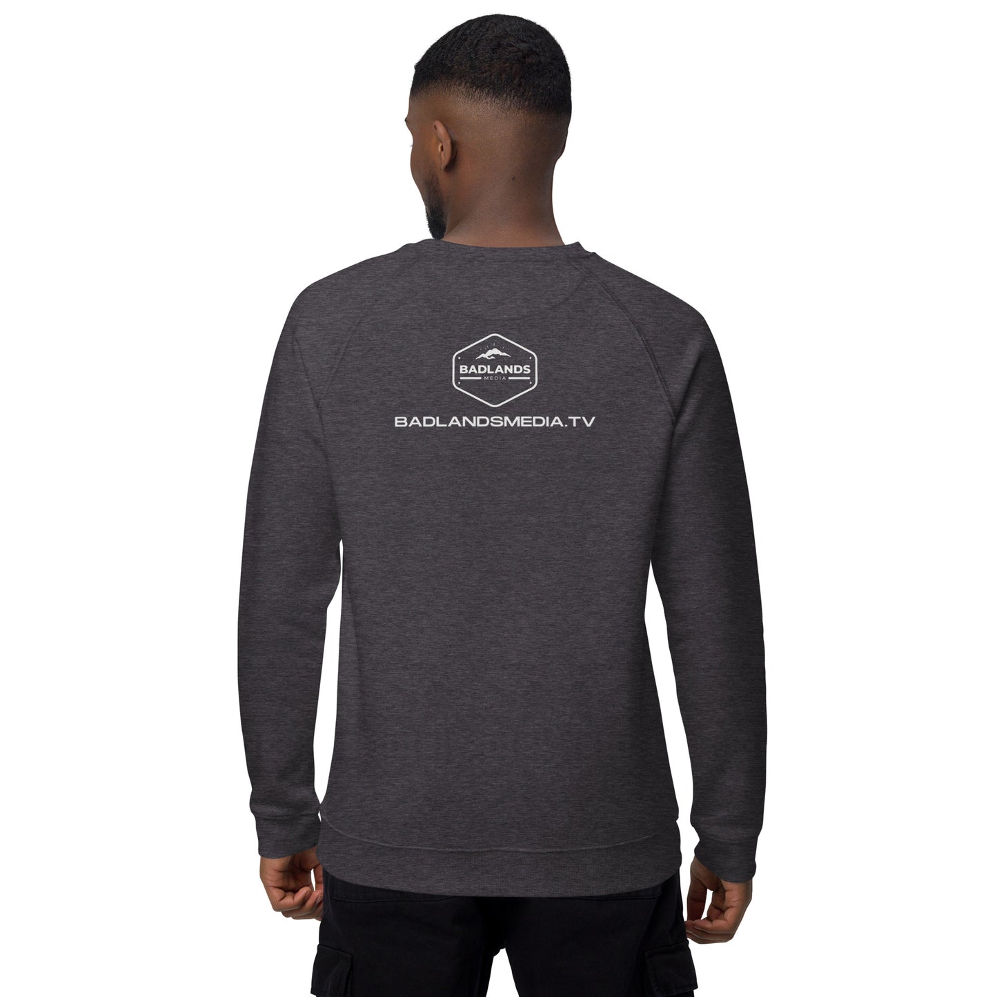 Eye of the Storm Unisex organic raglan sweatshirt (light logo)