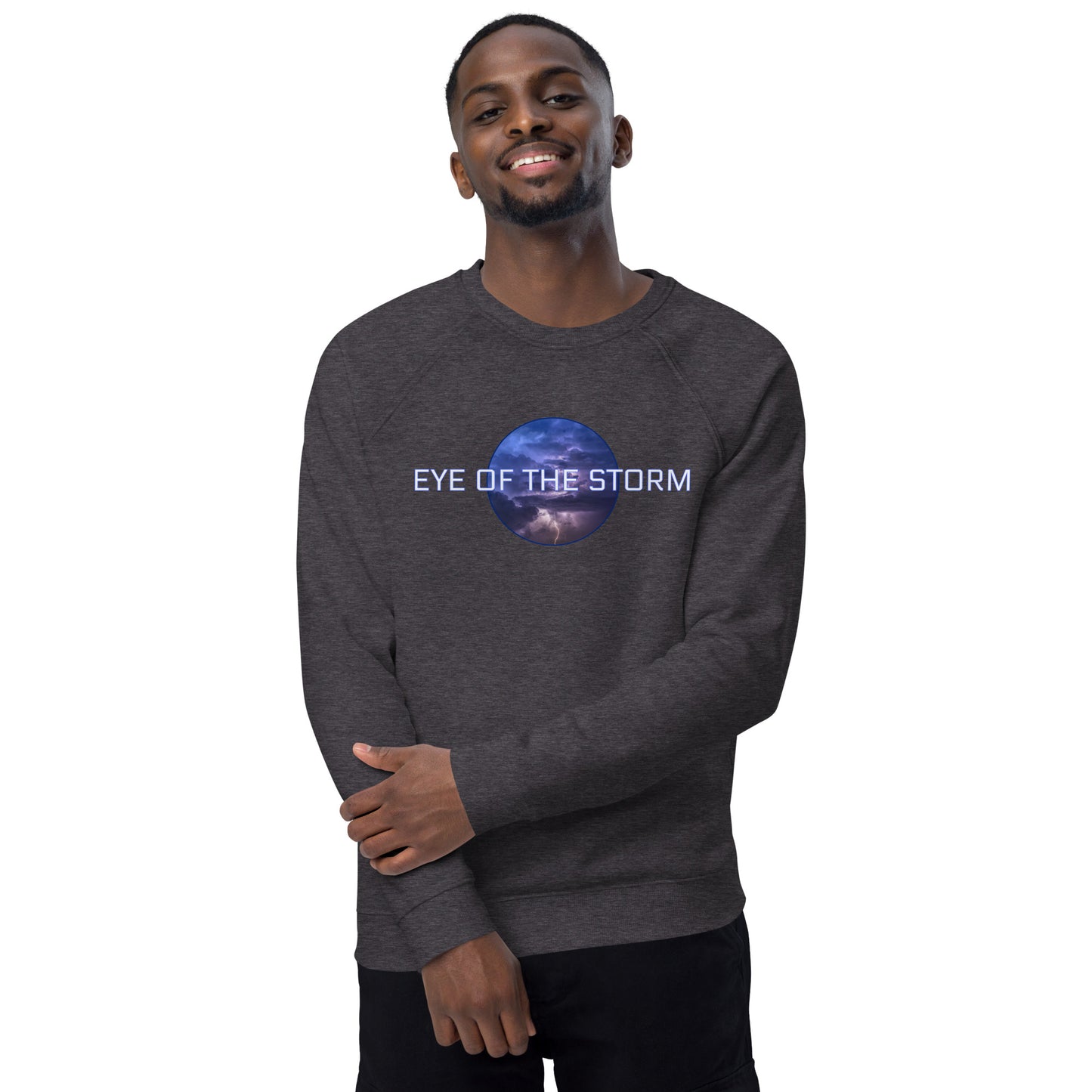 Eye of the Storm Unisex organic raglan sweatshirt (light logo)