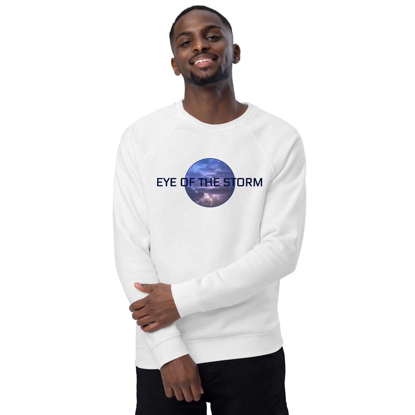 Eye of the Storm Unisex organic raglan sweatshirt (dark logo)