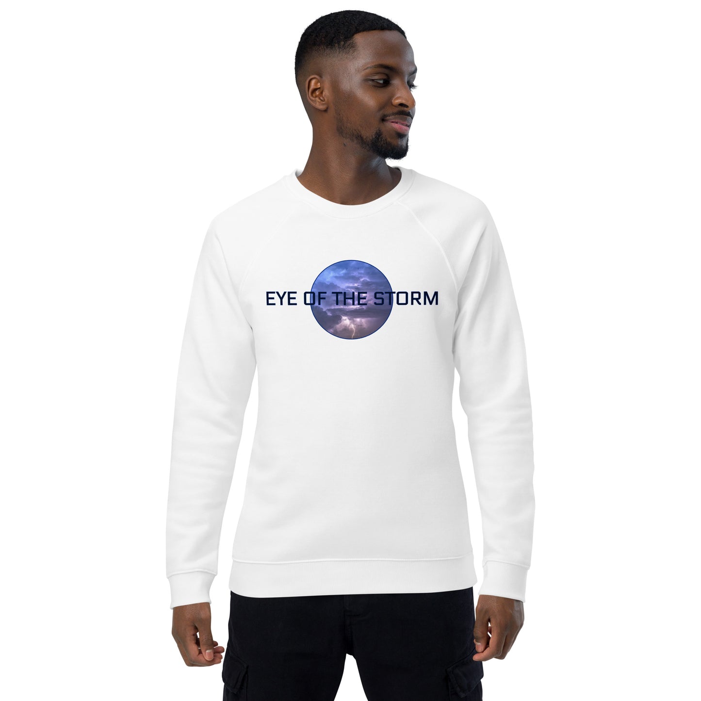 Eye of the Storm Unisex organic raglan sweatshirt (dark logo)