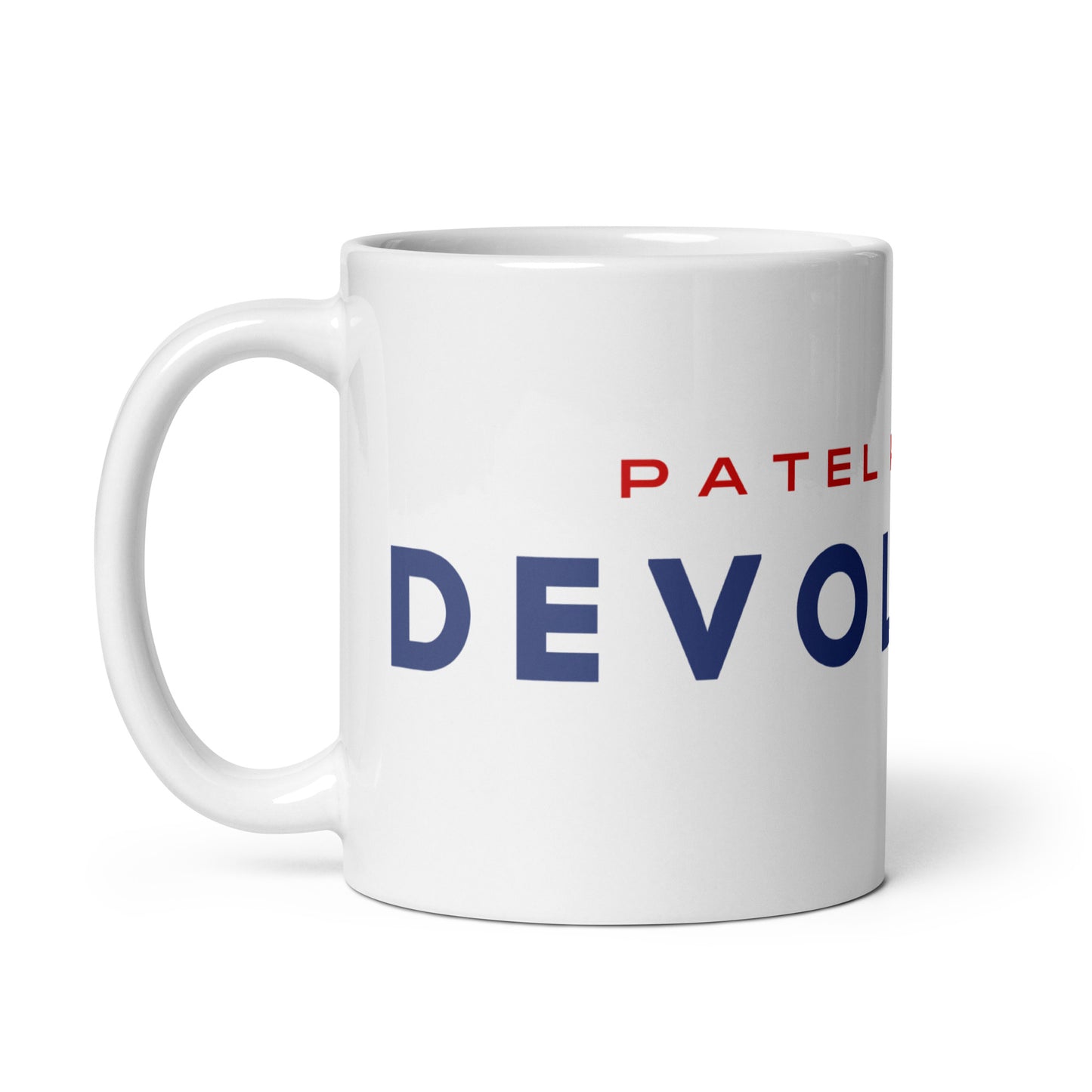 Devolution White glossy mug (red, white and blue)