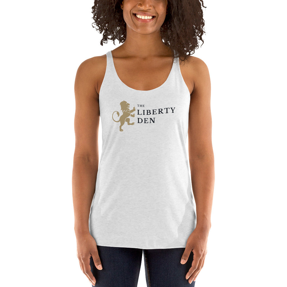 The Liberty Den Women's Racerback Tank (dark logo)