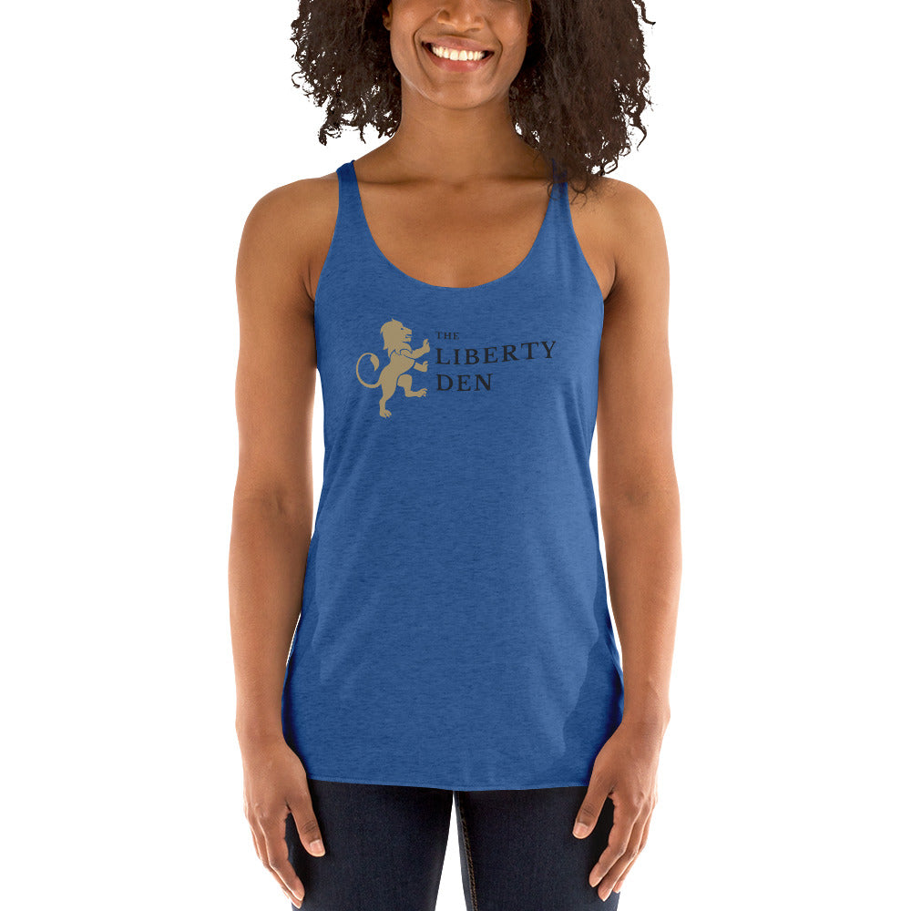 The Liberty Den Women's Racerback Tank (dark logo)