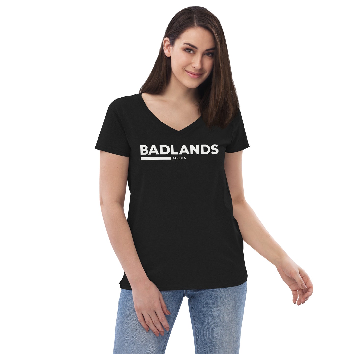 Badlands Women’s Recycled V-Neck T-Shirt (white logo)