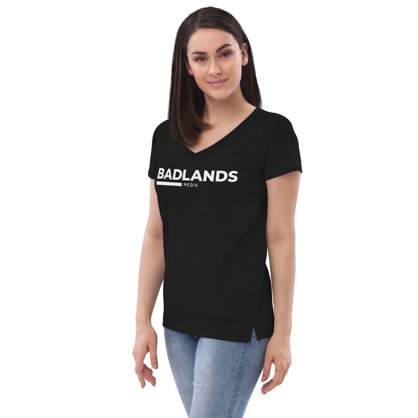 Badlands Women’s Recycled V-Neck T-Shirt (white logo)